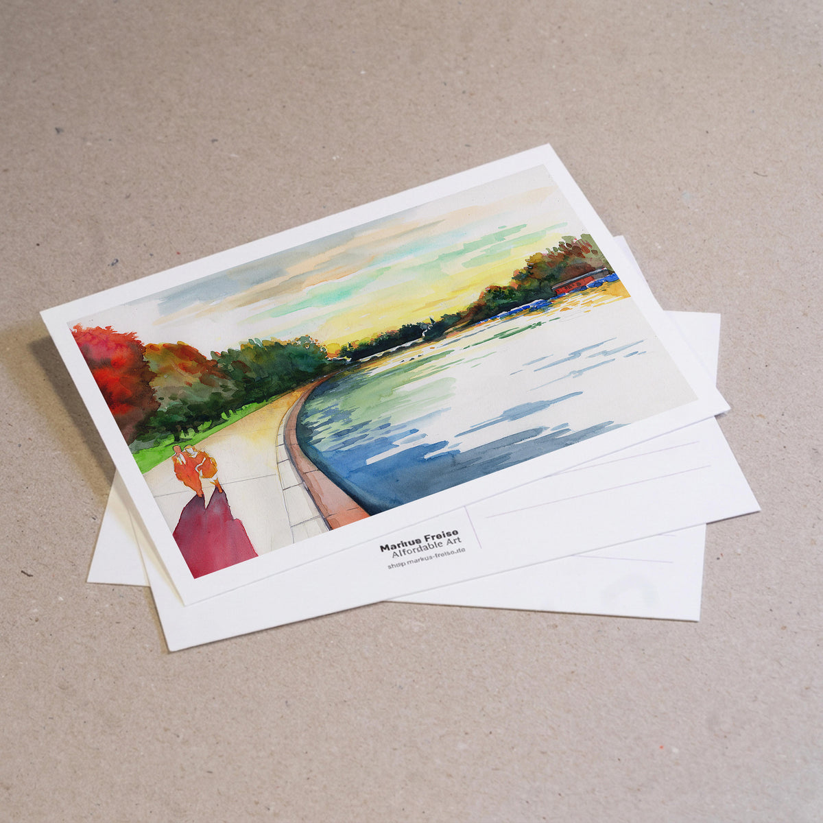 Set of 5 postcards of the watercolour Sunset over the Serpentine in Hyde Park London