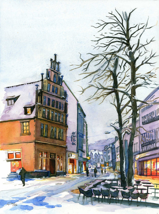 Set of 5 postcards of the watercolour Alter Markt Bielefeld