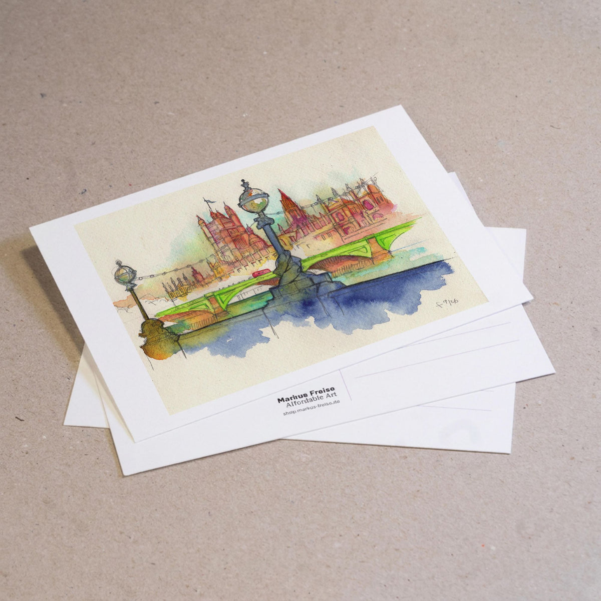 Set of 5 postcards of the watercolour Westminster Bridge and Parliament London