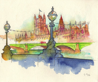 Westminster Bridge and Parliament London – watercolour painting